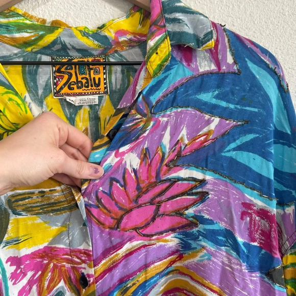 VTG Sebatu One Size Floral Abstract Button Down Beaded Art to Wear 90s Colorful - Picture 4 of 10